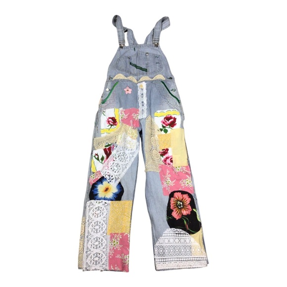 Keys Denim - Upcycled Vintage Key Bib Railroad Striped Overalls Embroidered Crochet Parchwork